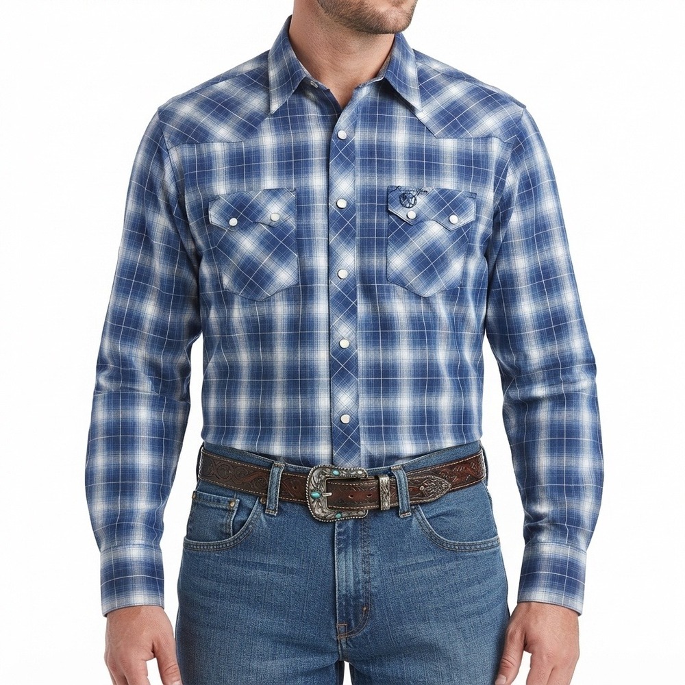 Wrangler Retro Western Shirt Mens Medium Blue Plaid Pearl Snap MVR487M Cotton
